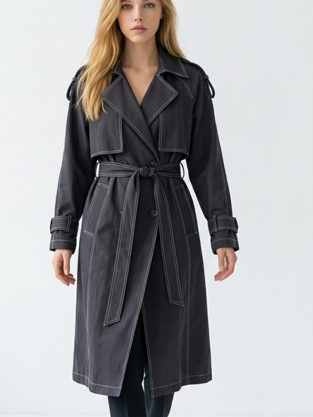 Xueli Women's Blue Trench Coat Windbreaker Long Belted Lapel Collar size S